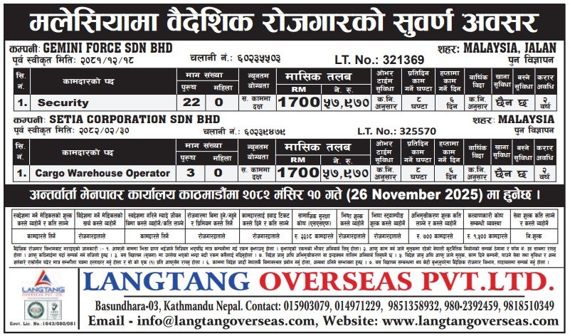 मलेसियामा राम्रो तलबसहित रोजगारी अवसर: २५ नेपाली कामदार आवश्यक