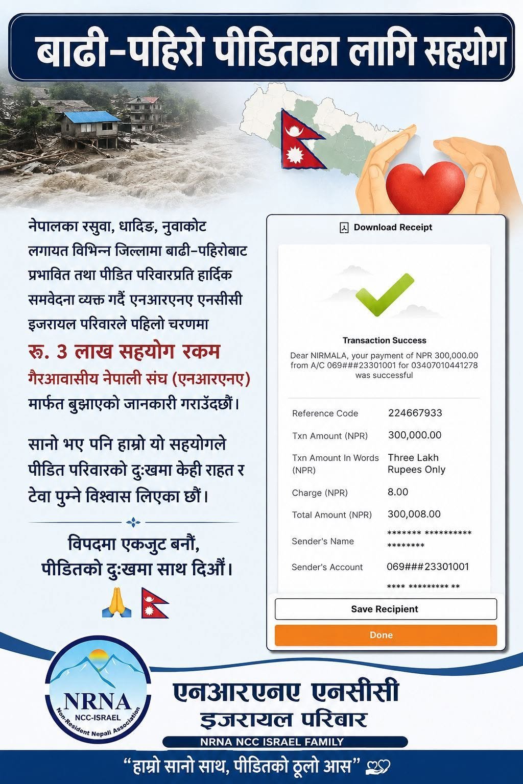एनआरएनए इजरायलद्वारा बाढीपीडितलाई ३ लाख सहयोग