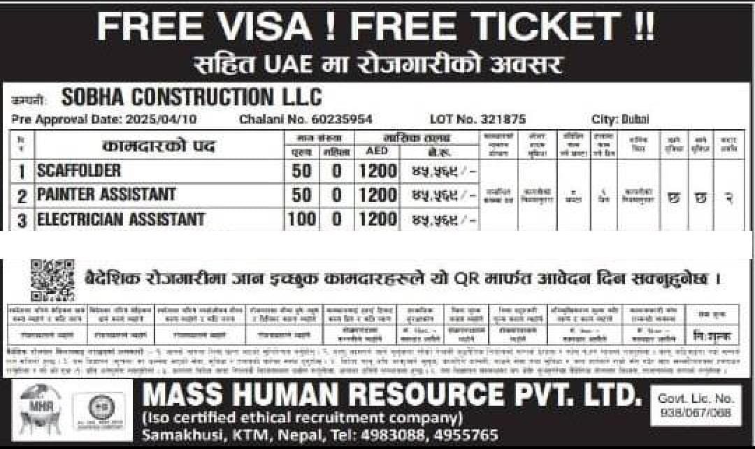 फ्री भिसा र फ्री टिकट सहित यूएईमा रोजगारीको अवसर
